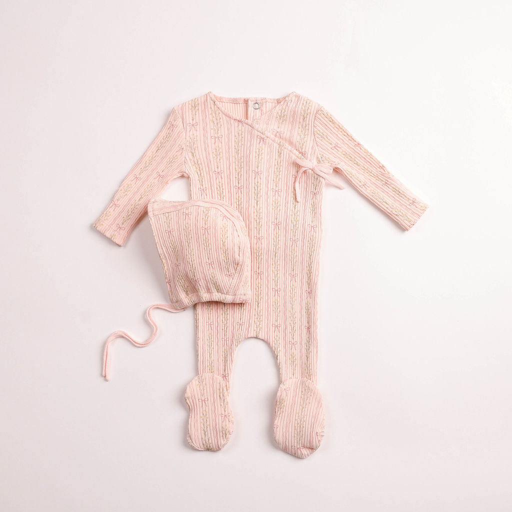 Bee & Dee Linear Floral Wrap Ballerina Pink Footie & Bonnet