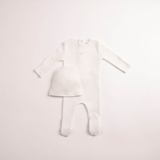 Bee & Dee Little Wings Pointelle Chalk White Boys Footie & Beanie