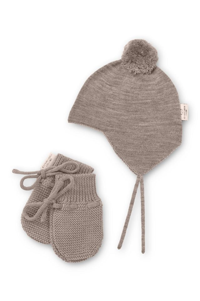 Merino Knitted Natural Melange Baby Pompom Bonnet with Mittens