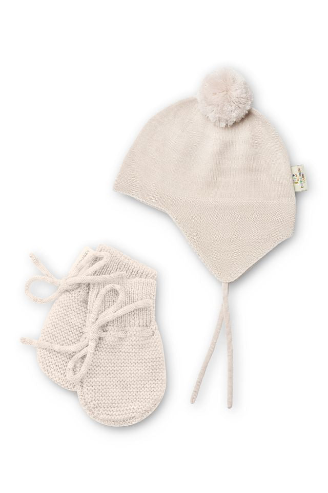 Merino Knitted Pale Cream Melange Baby Bonnet w. Pompom + Baby Mittens
