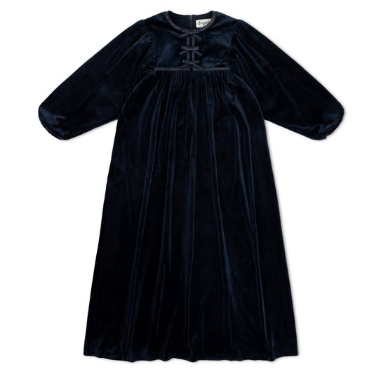 Bow Leather Trim Blue Velour Maxi