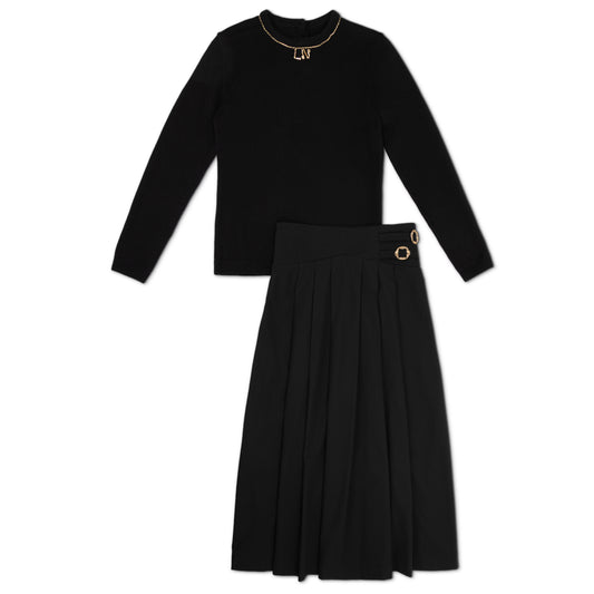 Charm Sweater Black With Buckle Midi Skirt