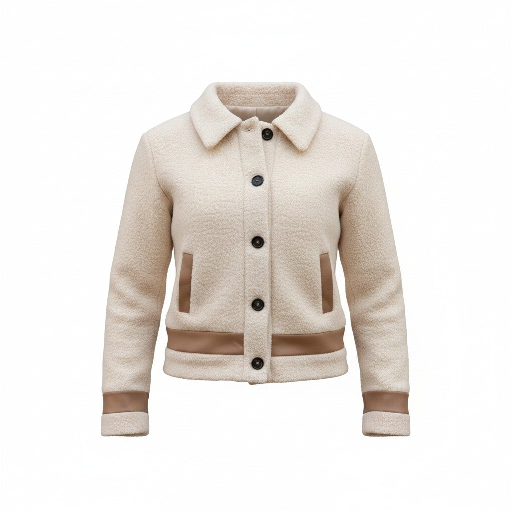 Teen Wool Beige Leather Trim Coat