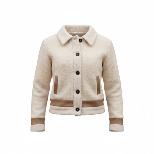 Teen Wool Beige Leather Trim Coat