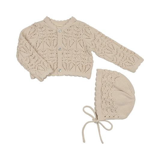 Eyelet Knit Cropped Stone Cardigan + Bonnet