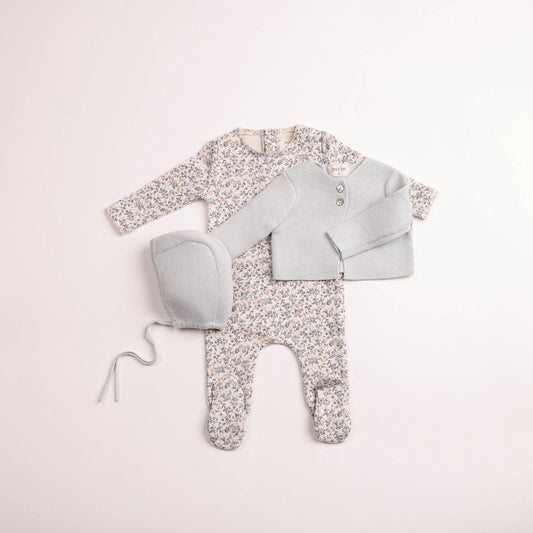 Bee & Dee Petit Fleurs Dusty Blue Footie and Cardigan