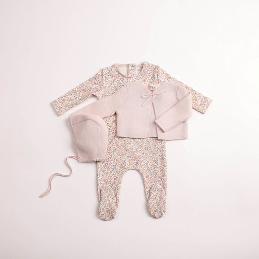 Bee & Dee Petit Fleurs Hushed Pink Footie and Cardigan