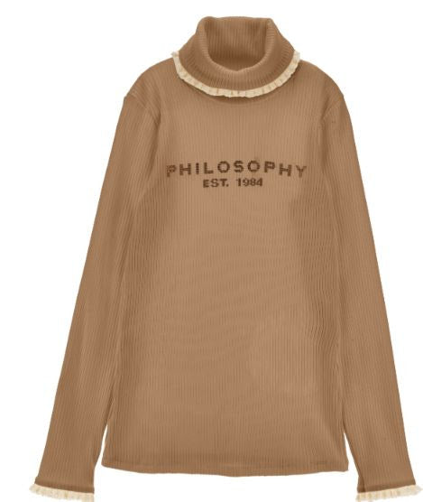 Rib Knit Beige Logo Turtleneck