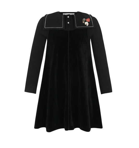 Embroidered Collar Black Velour Dress