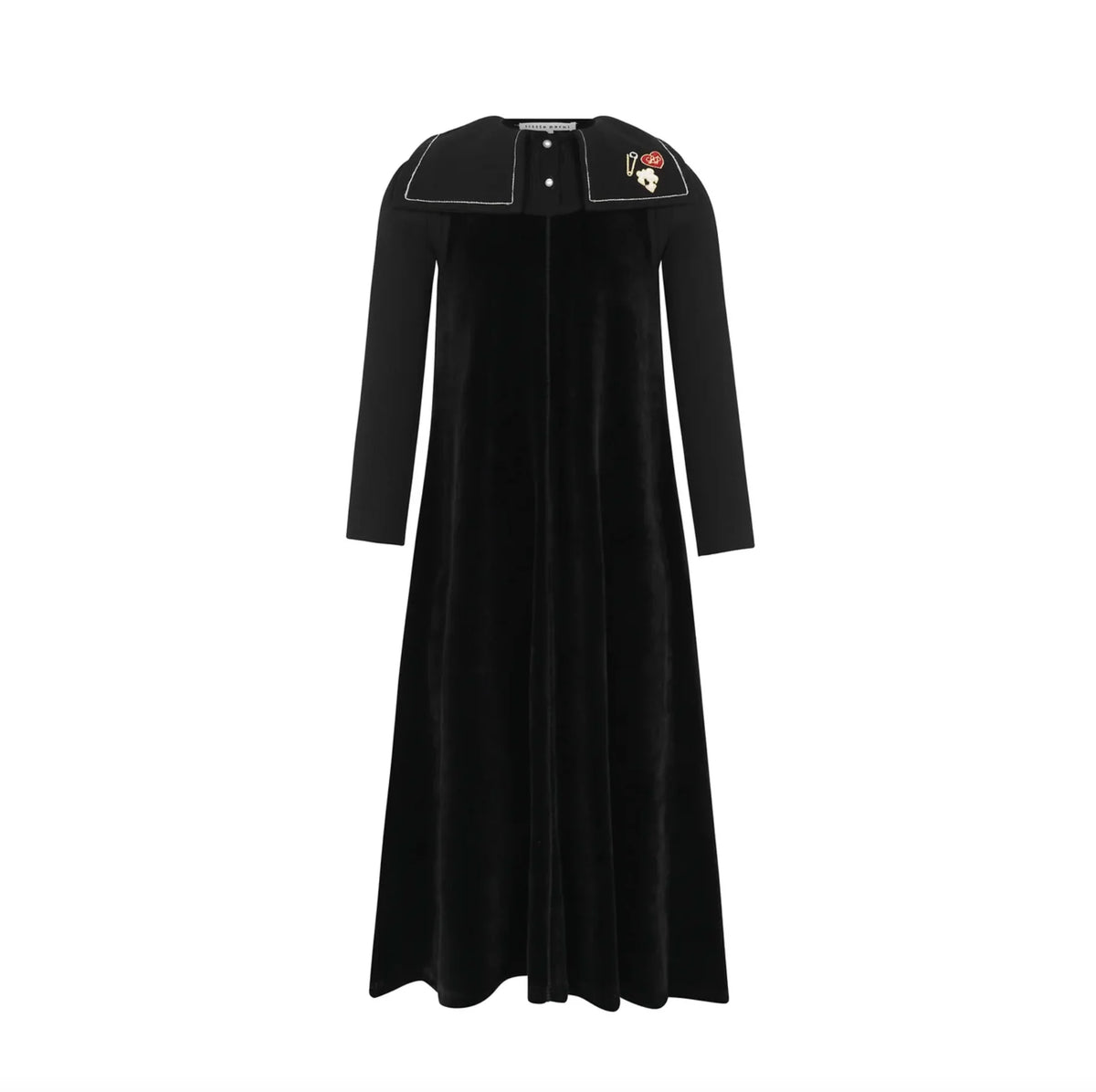 Embroidered Collar Black Velour Maxi