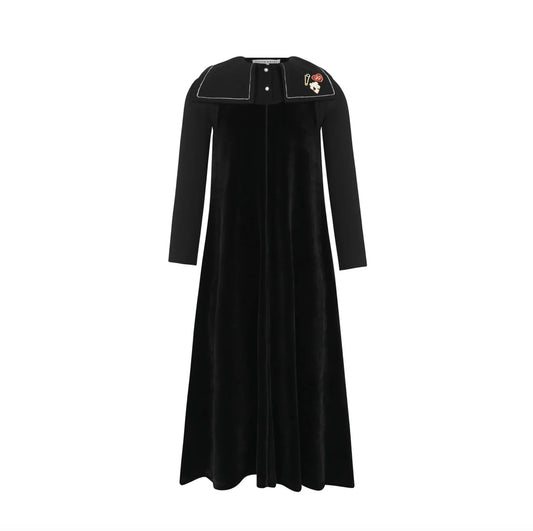Embroidered Collar Black Velour Maxi