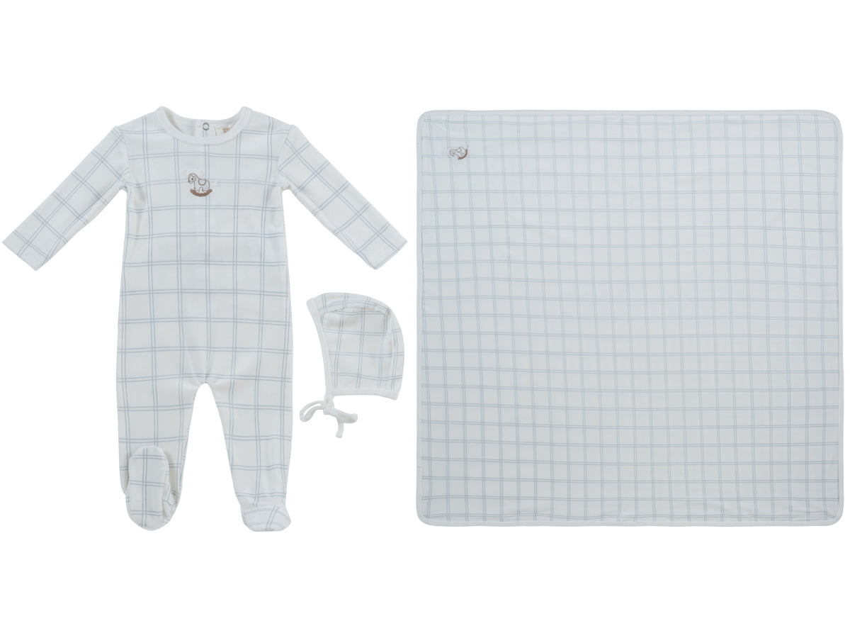 Whinny Plaid Blue Footie Hat & Blanket Set