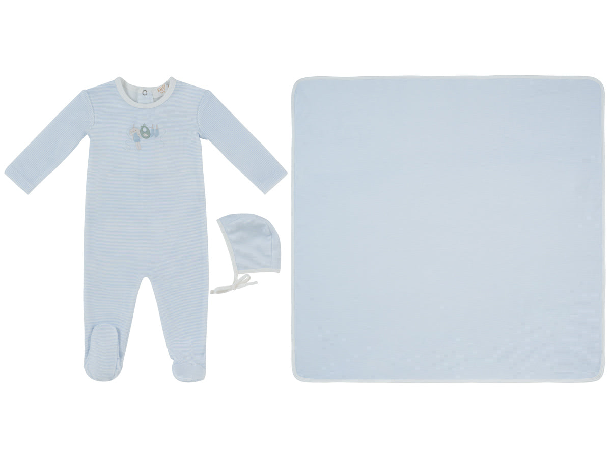 Bunny Stripe Blue Footie, Hat & Blanket Set
