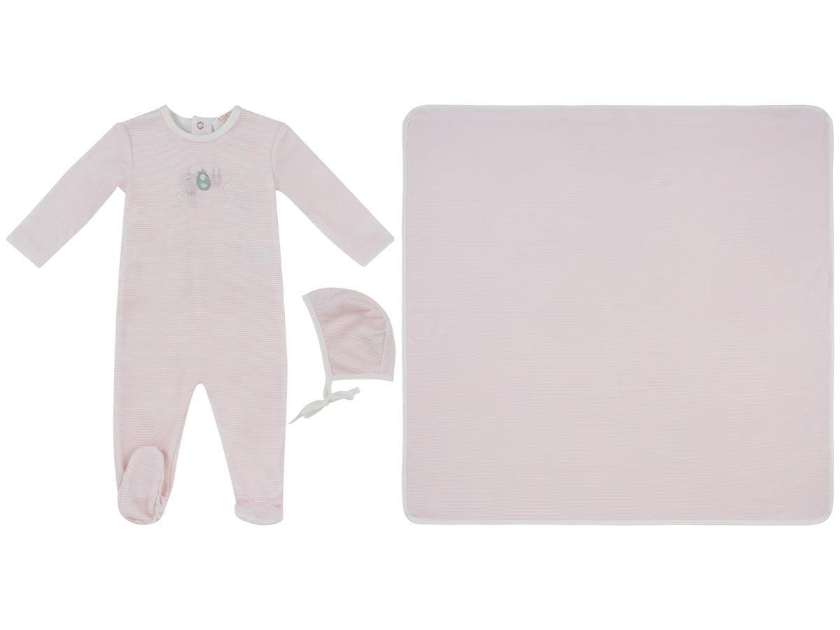 Bunny Stripe Pink Footie, Hat & Blanket Set
