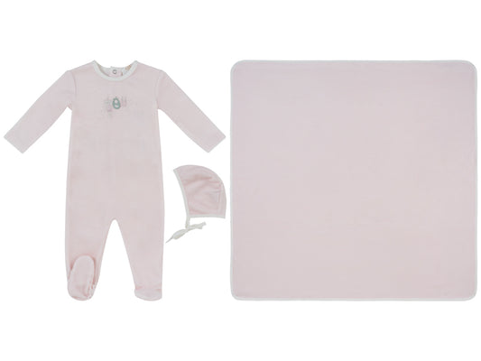 Bunny Stripe Pink Footie, Hat & Blanket Set