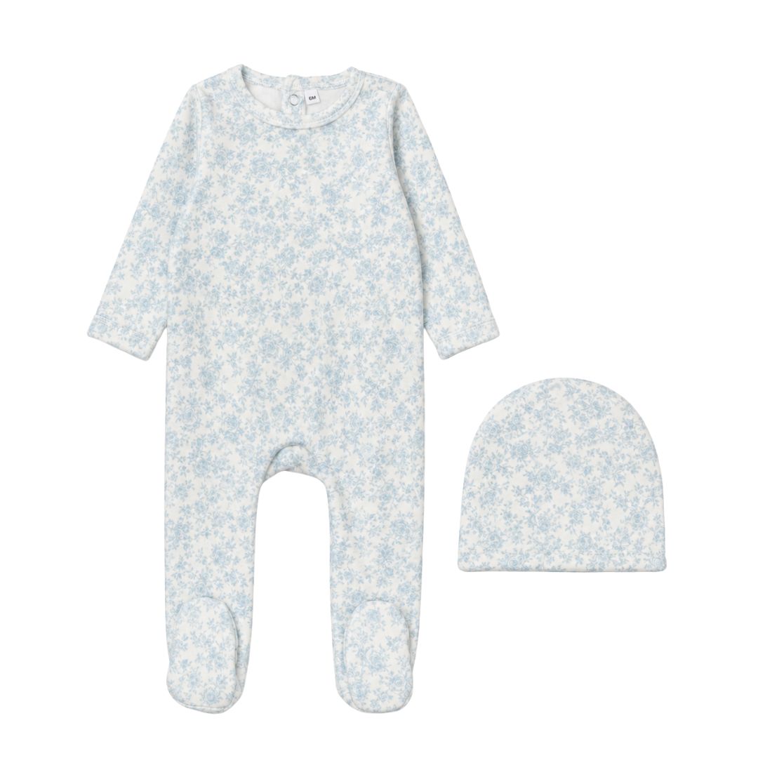 Printed Velour Floral Light Blue Footie Set