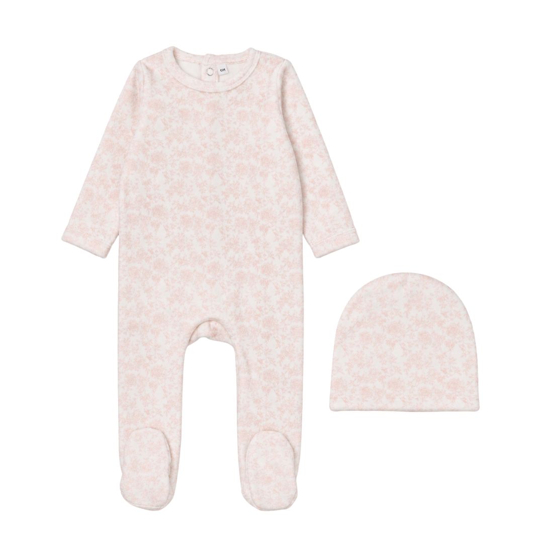 Printed Velour Floral Light Pink Footie Set