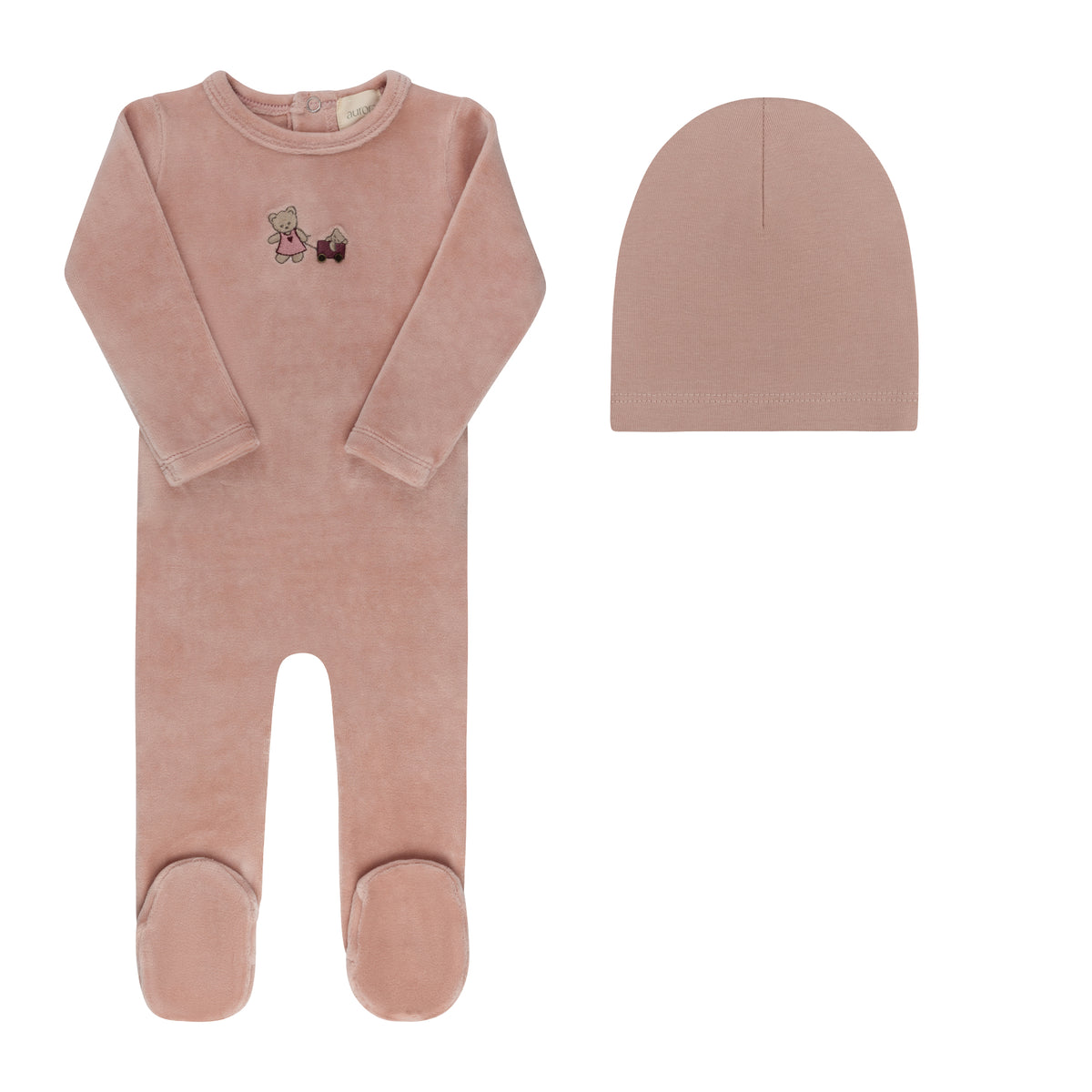Embroidered Bear Pink Footie and Beanie