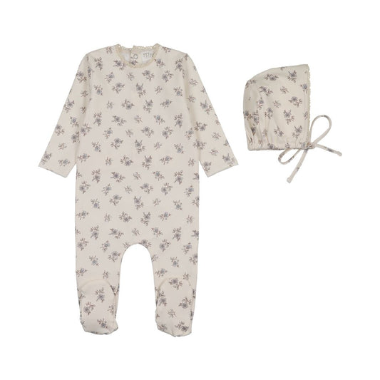 Blossom Crochet Trim Powder Footie with Bonnet