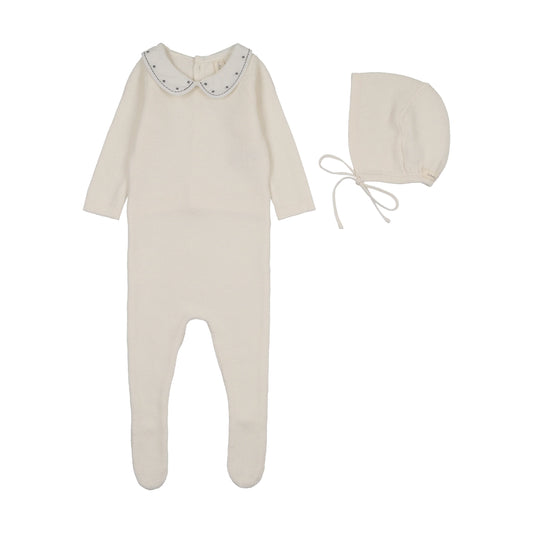 Embroidered Knit Collar Cream/Blue Footie Set