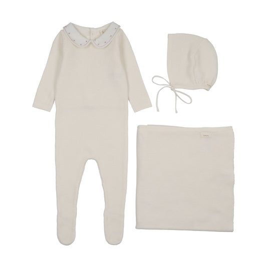 Embroidered Knit Collar Cream/Pink Layette Set
