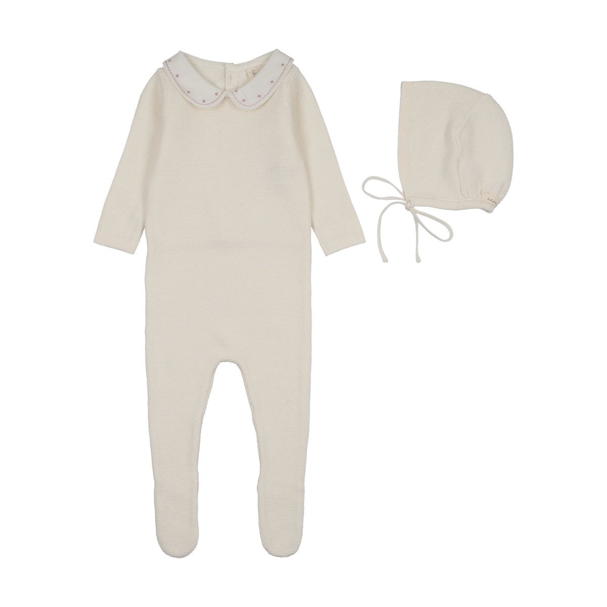 Embroidered Knit Collar Cream/Pink Footie Set