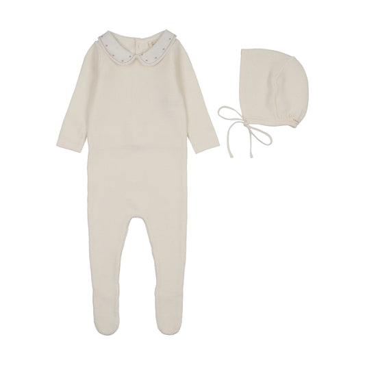 Embroidered Knit Collar Cream/Pink Footie Set