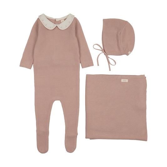 Embroidered Knit Collar Dusty Pink Layette Set