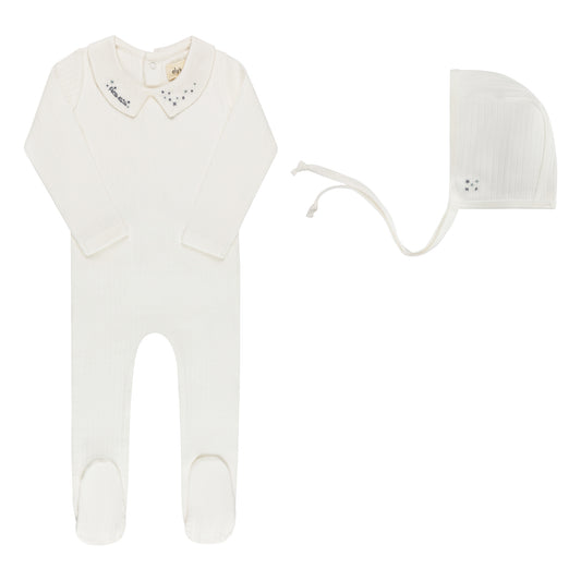 Floral Star Embroidered Collar Ivory Blue Footie and Bonnet