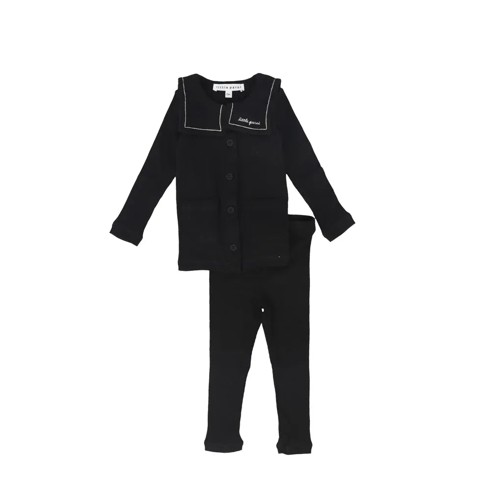 Embroidered Collar Black Cardigan Set