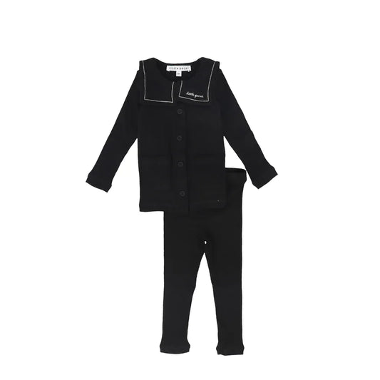 Embroidered Collar Black Cardigan Set