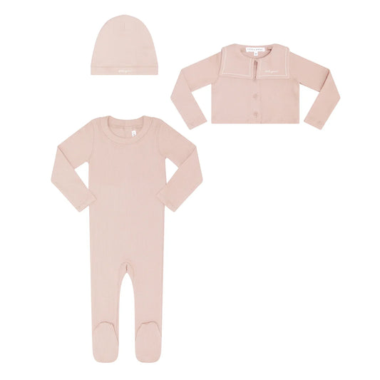 Embroidered Collar Baby Pink Cardigan Set