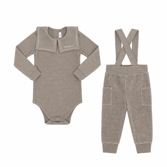 Embroidered Collar Grey Velour Overall Set