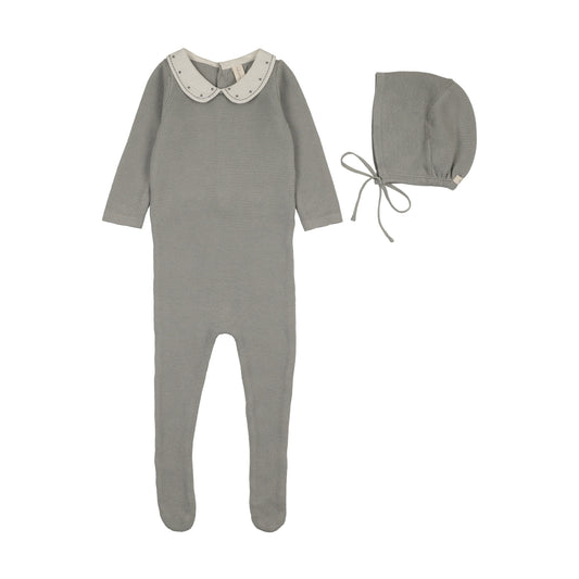 Embroidered Knit Collar Light Blue Footie Set