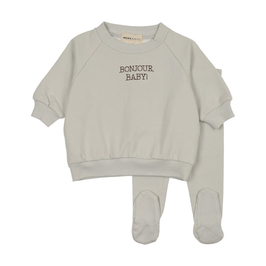 Bonjour Baby Otter Stitched Blue Sweatshirt Set