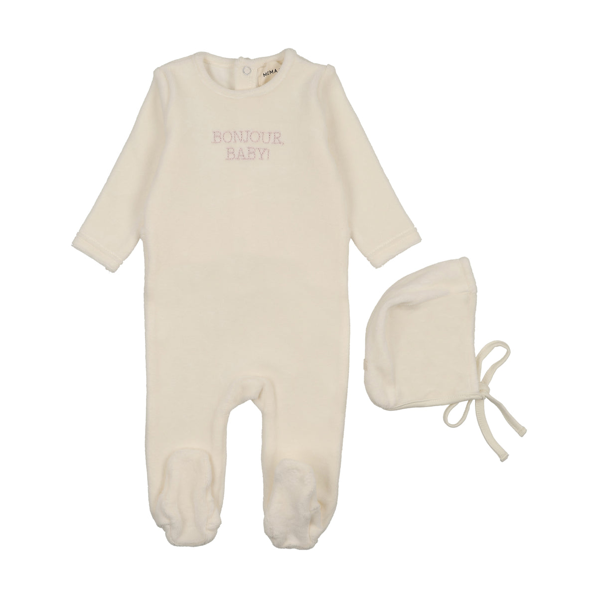 Bonjour Baby Pink Stitched Velour Ivory Footie with Bonnet