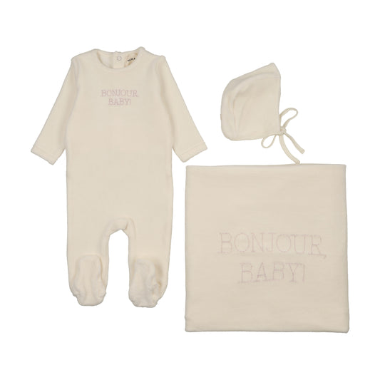 Bonjour Baby Pink Stitched Velour Ivory Three Piece Set