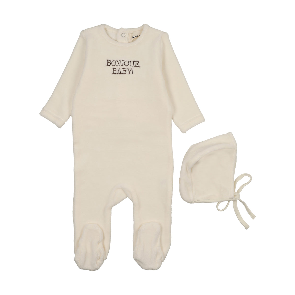 Bonjour Baby Otter Stitched Velour Ivory Footie with Bonnet