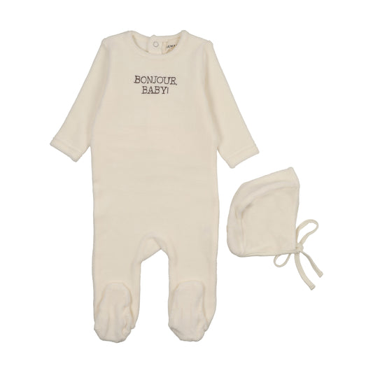 Bonjour Baby Otter Stitched Velour Ivory Footie with Bonnet