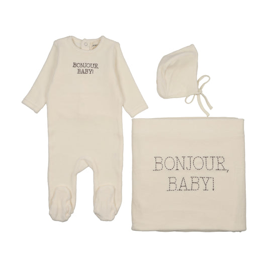 Bonjour Baby Otter Stitched Velour Ivory Three Piece Set