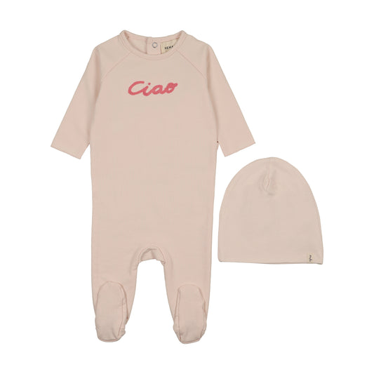 French Terry Embroidered Wordart Neon Pink Footie with Beanie