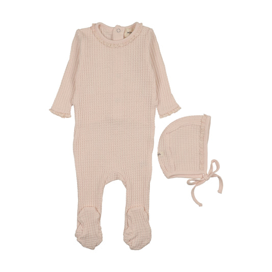 Honeycomb Waffle Trimmed Baby Blush Footie with Bonnet
