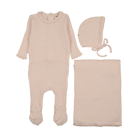 Honeycomb Waffle Trimmed Baby Blush Three Piece Set