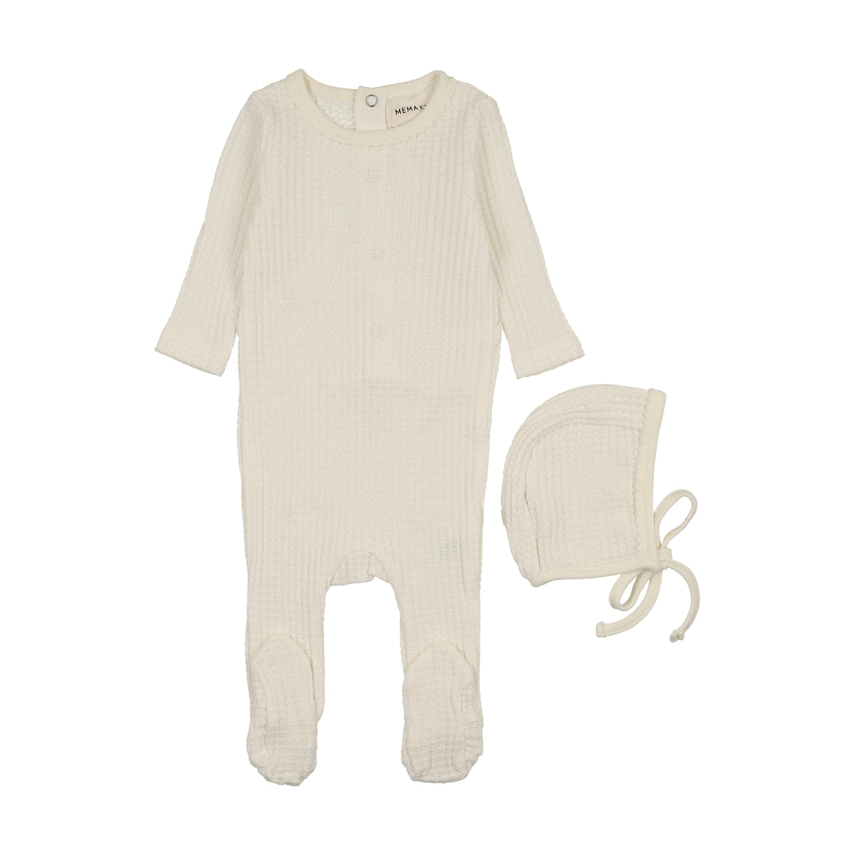 Honeycomb Waffle Trimmed Ivory Footie with Bonnet