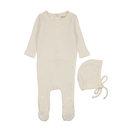 Honeycomb Waffle Trimmed Ivory Footie with Bonnet