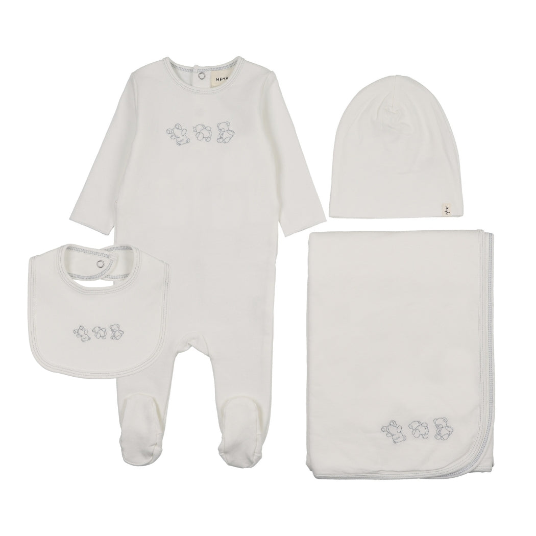Embroidered Blue Stitch White Teddy Four Piece Set