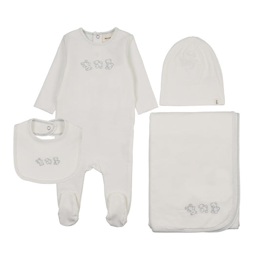 Embroidered Blue Stitch White Teddy Four Piece Set