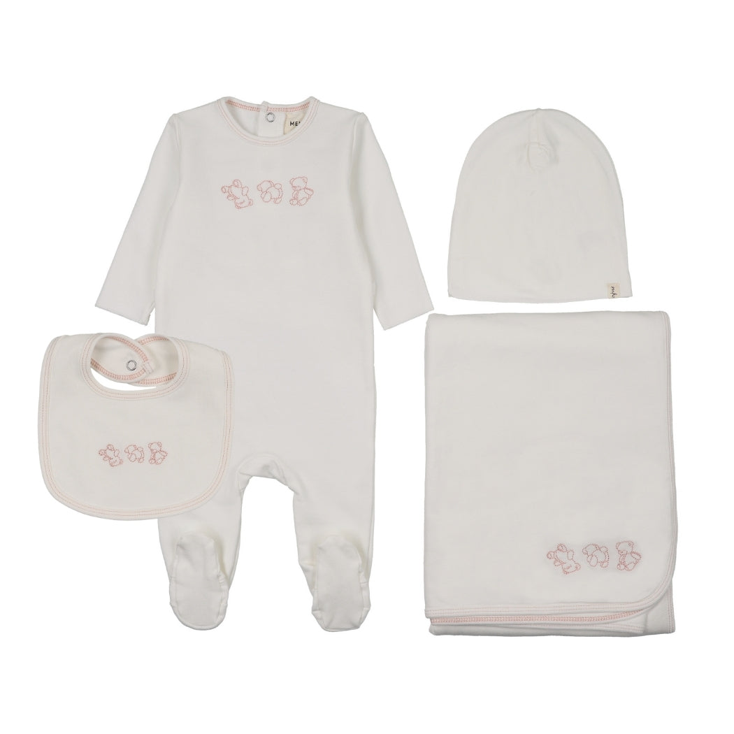 Embroidered Pink Stitch White Teddy Four Piece Set