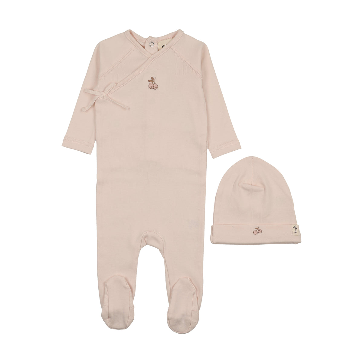 Cherry Print Mock Wrap Baby Blush Pink Footie + Beanie