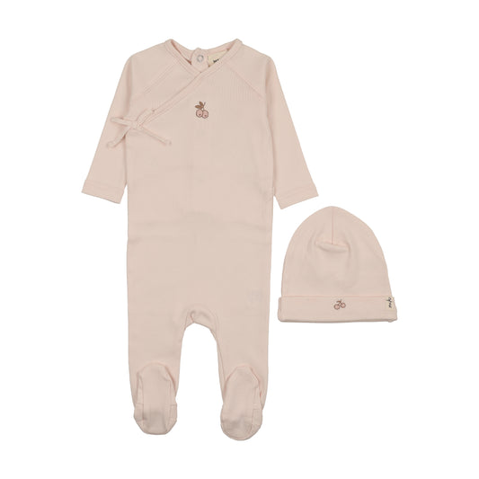 Cherry Print Mock Wrap Baby Blush Pink Footie + Beanie